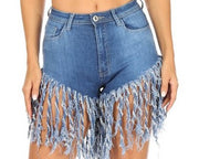 HIGH WAIST STRETCH FRINGED DENIM SHORTS