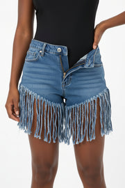 HIGH WAIST STRETCH FRINGED DENIM SHORTS