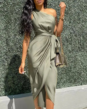 ONE SHOULDER RUCHED SLIT PARTY DRESS