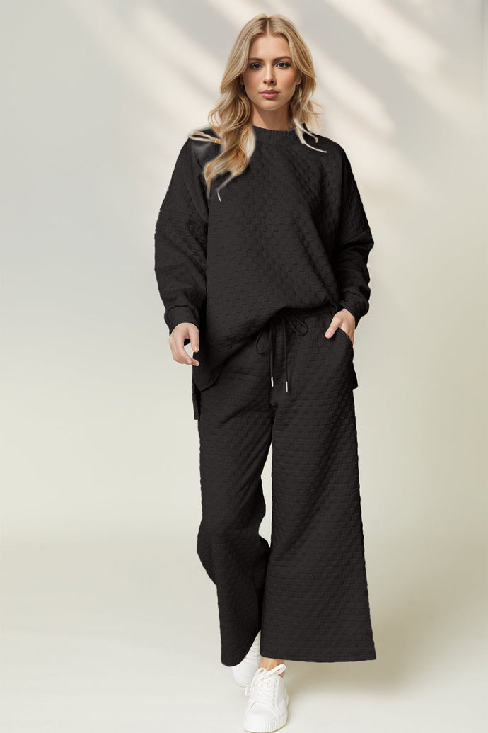 Embrace Modern Femininity: Elegant Style Tips with the Double Take Checkered Slit High-Low Round Neck Top and Wide Leg Pants Set
