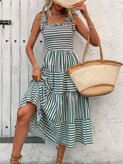 Smocked Striped Square Neck Midi Dress