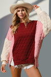 Double Take Quilted Contrast Slit Round Neck Sweatshirt