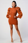 LADIES PUFFY BROWN SLEEVE SWEATER MINI DRESS