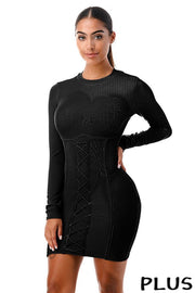 PLUS SIZE KNIT LONG SLEEVE  DETAILED FRONT DRESS