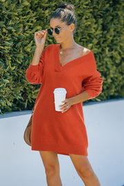 V NECK FIT LONG SLEEVES SWEATER DRESS