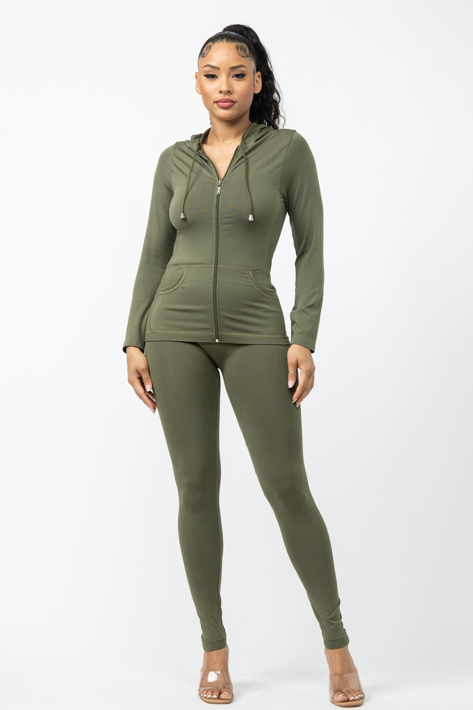 Solid Zip Up Jacket and Leggings Set